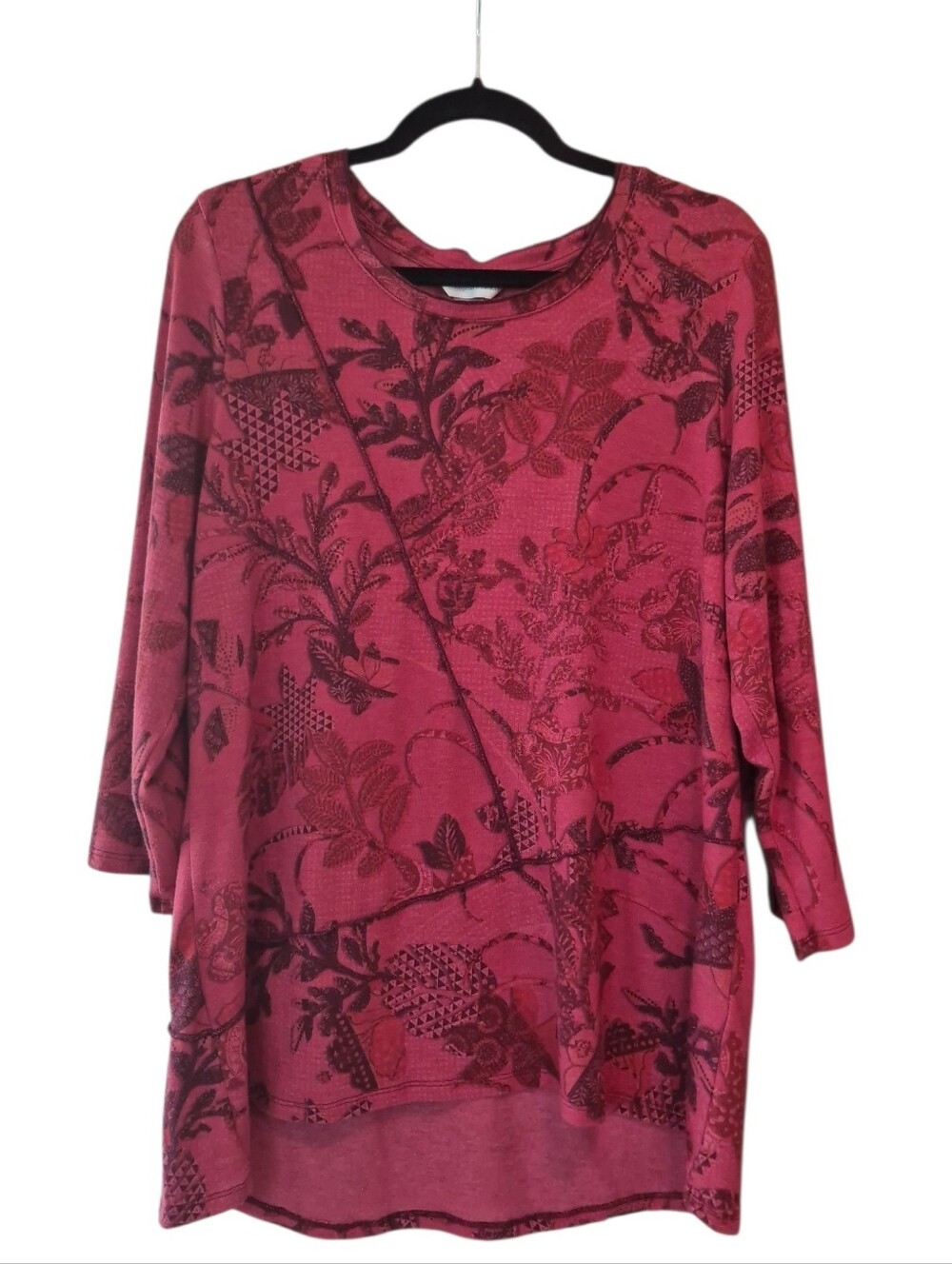 Christopher & Banks Top Tunic Red Botanical Floral Asymmetric Seam Size XL